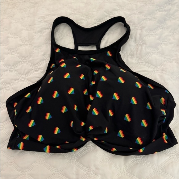Sirena Brand Black Bikini/Tankini Top with rainbow Hearts High Neck Size 2XL - Picture 2 of 9
